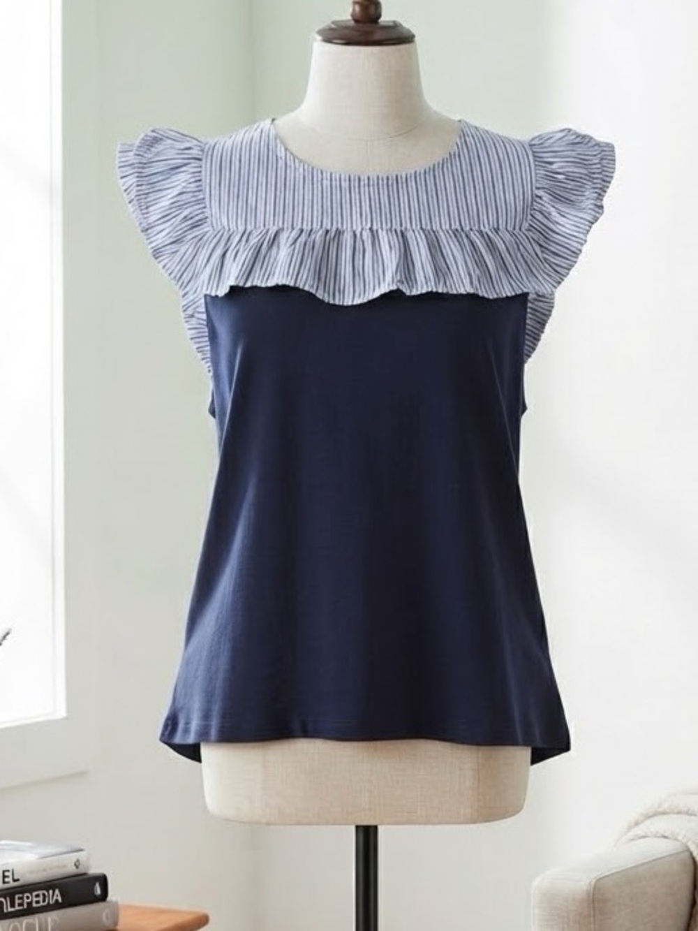 J. Crew Navy Sleeveless Top with Striped Ruffle Yoke